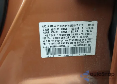 2009 Honda Fit Sport z USA, uszkodzony, nr VIN JHMGE88469S028486